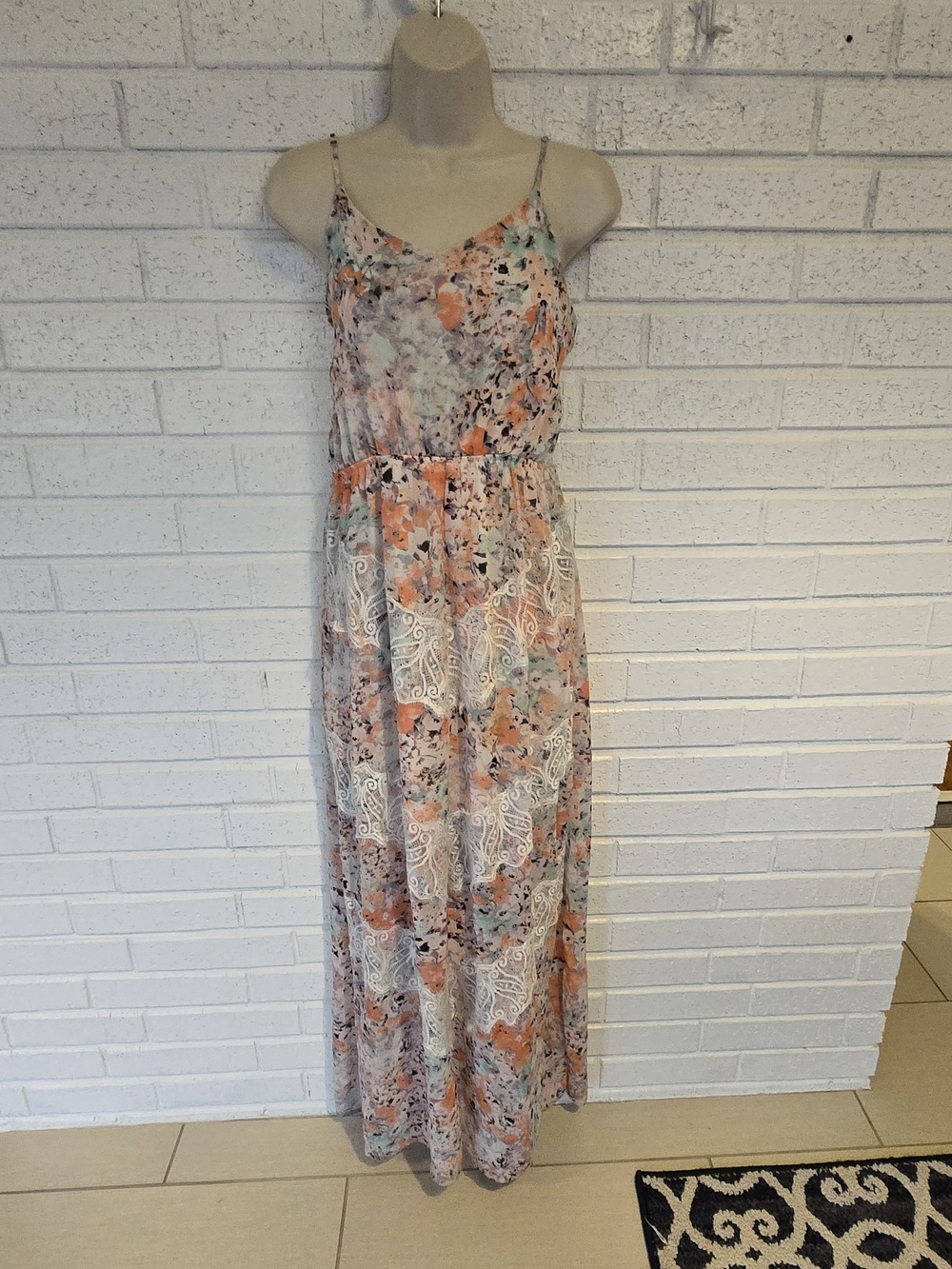 Vanity Size L Floral Lace Inset Maxi Dress Spaghetti Strap Boho #1226
